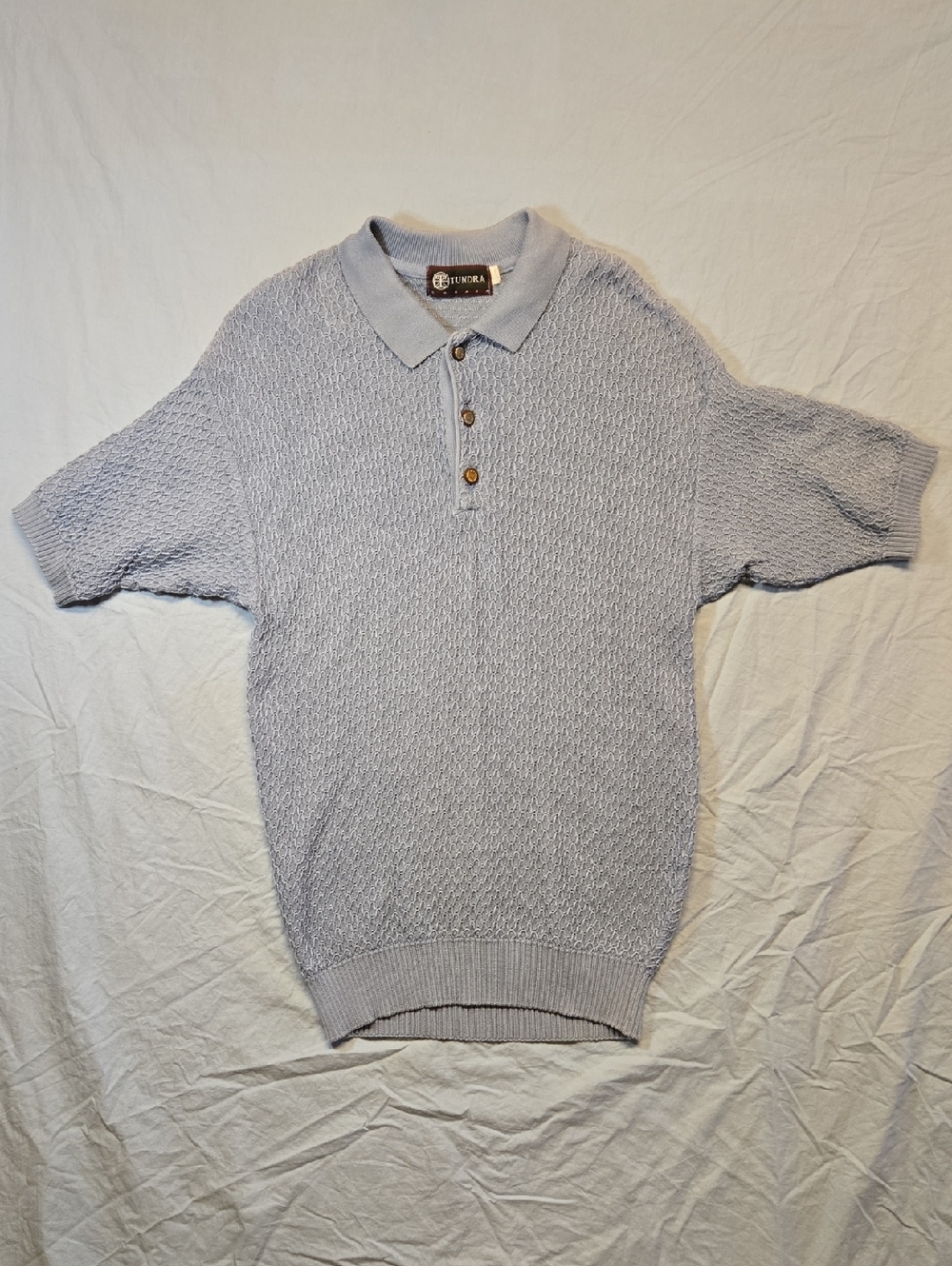 Tundra Baby Blue Cotton Knit Textured Coogi Style Casual Polo Shirt Vintage Y2K